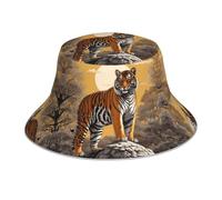 WZYWHJ Tiger Standing in the Sun Cappello da pescatore stampato, double-face riflettente per viaggi all'aperto, spiaggia estiva cappello da sole nero