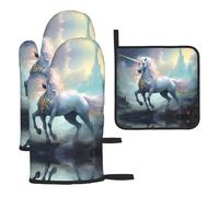 WZYWHJ Unicorns on The Run, guanti da forno stampati e presine, set da 3 pezzi, guanto da cucina lungo ispessito