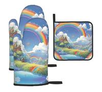 WZYWHJ Village Under The Rainbow - Set di 3 guanti da forno e presine, con stampa di guanti da cucina lunghi e spessi