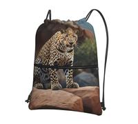 WZYWHJ Zaino con cerniera con coulisse e stampa leopardo africano sulle rocce, per escursionismo, campeggio, yoga, comodo da trasportare tutti i giorni