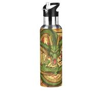 Wzzzsun Anime Drago Giapponese Borraccia Termica con Cannuccia Sportiva, Bottiglia Acqua in Acciaio Inox Isolato 600ML Senza BPA per Bevande Calde e Fredde per Bambini Scuola