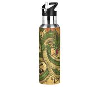 Wzzzsun Anime Drago Giapponese Borraccia Termica con Cannuccia Sportiva, Bottiglia Acqua in Acciaio Inox Isolato 600ML Senza BPA per Bevande Calde e Fredde per Bambini Scuola