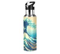 Wzzzsun Grande Onda Blu Mare di Kanagawa Borraccia Termica con Cannuccia Sportiva, Bottiglia Acqua in Acciaio Inox Isolato 600ML Senza BPA per Bevande Calde e Fredde per Bambini Scuola