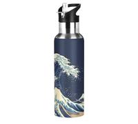 Wzzzsun Onda del Mare Giapponese Kanagawa Borraccia Termica con Cannuccia Sportiva, Bottiglia Acqua in Acciaio Inox Isolato 600ML Senza BPA per Bevande Calde e Fredde per Bambini Scuola