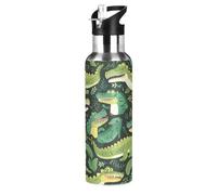 Wzzzsun Simpatico Coccodrillo Alligatore Verde Borraccia Termica con Cannuccia Sportiva, Bottiglia Acqua in Acciaio Inox Isolato 600ML Senza BPA per Bevande Calde e Fredde per Bambini Scuola