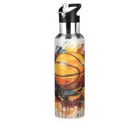 Wzzzsun Sport con La Palla da Basket Borraccia Termica con Cannuccia Sportiva, Bottiglia Acqua in Acciaio Inox Isolato 600ML Senza BPA per Bevande Calde e Fredde per Bambini Scuola