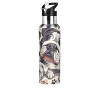 Wzzzsun Zampe di Bulldog Carlino Cane Borraccia Termica con Cannuccia Sportiva, Bottiglia Acqua in Acciaio Inox Isolato 600ML Senza BPA per Bevande Calde e Fredde per Bambini Scuola