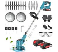 X-COTEC decespugliatore elettrico, tosaerba ricaricabile a batteria da 21V con 2 batterie da 15.000 mAh, barra di guida retrattile con due tipi di lame e protezioni per prati, giardini e patii