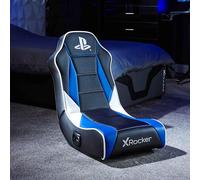 X-Rocker Sedia da gioco con licenza ufficiale PlayStation Geist 2.0, comoda seduta pieghevole da pavimento con altoparlanti, pelle PU per PS4, PS5, PC, cellulare, nero/blu