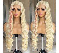 X-TRESS Parrucca sintetica bionda a righe Skunk da 76,2 cm, con pizzo frontale rosso, 33 x 10 x 2 cm, parrucca pre-pizzicata senza colla, per donne nere