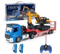 X-Verse Camion a piattaforma radiocomandato da 2,4 GHz, giocattolo escavatore RC con suono e luci, adatto per veicoli da costruzione per ragazzi (3 batterie, blu)
