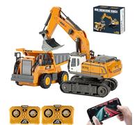 X-Verse Escavatore radiocomandato 1:64 e camion compatto telecomandato, mini escavatore RC e caricatore compatto con effetti luminosi e sonori, veicolo da costruzione telecomandato, regalo