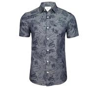 Xact Camicia Floreale Hawaiana in Cotone per Uomo, Maniche Corte, vestibilità Slim (Kaveri - Mid Blue Chambray) L