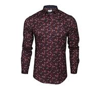 Xact Camicia Uomo a Maniche Lunghe con Stampa Floreale, 100% Cotone, Colletto a Bottoni, vestibilità Slim (Navy/Burgundy) XL