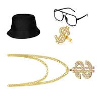 XAGMODSHN Kit per costume hip hop anni '80 e '90 accessori rapper catena d'oro dollari segno collana occhiali da sole set decorazione per feste kit hip hop costume