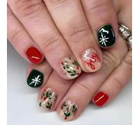 XAGMODSHN Natale Full Covers Stick on Nails Fiocco di neve Press On Nails Breve Piazza Unghie finte Verde Unghie Artificiali per