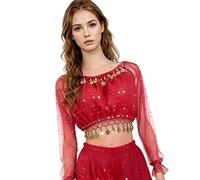 XAGMODSHN Top professionale da donna per danza del ventre con paillettes e moneta penzolante per riflessi di luce multidimensionali sotto effetti di illuminazione sul palco top delicato sulla pelle