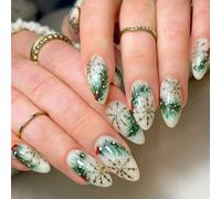 XAGMODSHN Unghie finte natalizie a pressione, color argento lucido, con decorazioni a mandorla, 24 pezzi, con albero verde