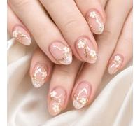 Xanthelle 24 pezzi Unghie Press-on, unghie adesive (6) | Unghie Press-On, Nude Rosa con Fiori 3D e Linee Oro, Corte Rotonda per Quotidiano, Estate, Feste