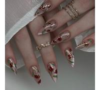 Xanthelle Press On Nails, 24 pezzi di unghie a fiori a mandorla media, unghie finte con design floreale rosso lucido copertura completa, unghie a pressione french per l'estate per donne