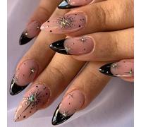 Xanthelle Press On Nails, 24 Pezzi Unghie a Mandorla French Punta Nera, Unghie Finte con Design Glitter Oro e Strass, Copertura Completa Lucida Unghie Estive Donna