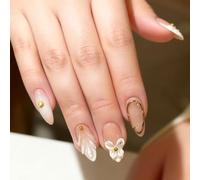 Xanthelle Unghie Adesive, 24 Pezzi Almond Press On Nails, Unghie Finte Medie Punta Francese Bianca con Doratura 3D & Fiori, Unghie Stick On Brillanti per Donne