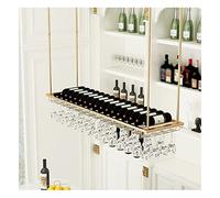 XAoSCd Mensola Da Soffitto Sospesa Portabottiglie Da Soffitto Altezza E Larghezza Regolabili, Portabottiglie Da Vino Vintage, Portabottiglie Da Parete Con Porta Calici, Oro,Gold-60 x 27 x 8cm