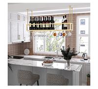XAoSCd Mensola Da Soffitto Sospesa Portabottiglie Da Vino Sospeso Industriale Con Portabicchieri E Ripiano, Altezza Regolabile 30~60 Cm Portabicchieri Da Vino Da Soffitto Dora,Golden-80 x 25 x 21cm