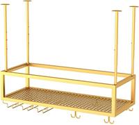XAoSCd Mensola Sospesa Da Soffitto Portabottiglie Sospeso, Portabottiglie Da Soffitto In Metallo, Altezza Regolabile Portabottiglie Da Esposizione Nero/Oro Con Ripiano In Vetro,Gold-60 x 25 x 21cm