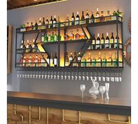XAoSCd Portabottiglie Da Parete Con Luce Led, Mensole Galleggianti In Metallo Con Portabicchieri, Mensola Per Esposizione Bottiglie Di Liquore, Portabottiglie Da Appendere Ind,Black-280 * 20 * 86cm