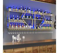 XAoSCd Portabottiglie Da Parete Con Luce Led, Mensole Galleggianti In Metallo Con Portabicchieri, Mensola Per Esposizione Bottiglie Di Liquore, Portabottiglie Da Appendere Ind,Gold-200 * 20 * 86cm