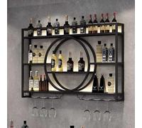 XAoSCd Portabottiglie Da Parete, Elegante Espositore In Ferro Con Supporto Per Bicchieri Rovesciato, Portabottiglie Da Parete Industriale Rotondo, Mensole Galleggianti Per Uni,Black-140x15x80CM