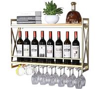 XAoSCd Portabottiglie Da Parete, Mensola Per Vino In Metallo E Legno Con Portabicchieri, Portabottiglie Per Champagne, Calici, Porta Bicchieri, Portabottiglie Sospeso Galleggi,Gold
