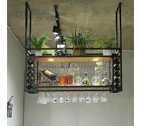 XAoSCd Portabottiglie Sospeso Con Portabicchieri E Ripiano, Portabottiglie Sospeso Industriale Da Soffitto, Ripiano Per Vino In Ferro E Metallo Nero, Con Faretto In Alluminio,120CM/47.2IN