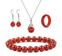 XAoSCd Set Di Gioielli In Agata Rossa Per Donna Uomo - Collana Con Ciondolo Anello Orecchini Bracciale - Regalo In Pietra Preziosa Corniola Naturale (4 Pezzi)