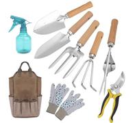 xapuo Set Attrezzi Giardinaggio 8 Pezzi Kit Completo: Pala, cazzuola, forcone, rastrello, cesoie, spruzzatore, Guanti e Borsa. Manici in Legno, Acciaio Inox.