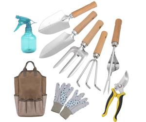 xapuo Set Attrezzi Giardinaggio 8 Pezzi Kit Completo: Pala, cazzuola, forcone, rastrello, cesoie, spruzzatore, Guanti e Borsa. Manici in Legno, Acciaio Inox.