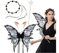 XazNvc Ali di fata, ali di farfalla per adulti, 4 pezzi, accessori per costume da angelo, ali trasparenti scintillanti con fascia per capelli, ali nere, set cosplay per feste di Halloween