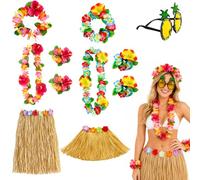 XazNvc Set completo da 9 pezzi per travestimento hawaiano, per feste tropicali, con fasce per capelli con fiori, coppia di bracciali, collane di fiori, gonne lunghe e corte, occhiali da sole, spiaggia