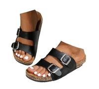 Xbemkste Ciabatte da donna piatte con plantare in sughero, comodi sandali con cinghie regolabili, pantofole estive, sandali leggeri da spiaggia, Nero , 43 EU