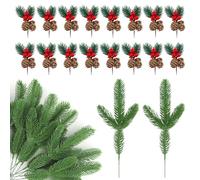 Xbessc 32 Pezzi Rami di Abete Artificiale con Pigne Bacche Rosse Rami per Decorazioni Natalizie Plastica Aghi Artificiali di Pino Verde per Decorare la Tavola Composizione Floreale Ghirlanda DIY