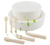Xbessc Set di Stoviglie Usa e Getta di 250 Pezzi per 50 Persone, 7" + 9" Piatti Usa e Getta in Bagassa di Canna da Zucchero, Piatti Forchette Coltelli e Cucchiai per Feste, Matrimoni, Barbecue