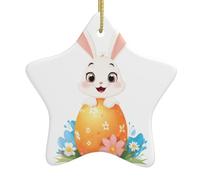 Xbkgoha Ciondolo a forma di stella in ceramica a forma di albero di Natale con coniglietto che gioca a nascondino stampato progettato specificamente per le vacanze, 7,9 x 7,9 cm