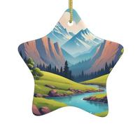 Xbkgoha - Ciondolo a forma di stella in ceramica a forma di albero di Natale, con montagne verdi e acque limpide, progettato specificamente per le vacanze, 7,9 x 7,9 cm