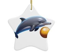Xbkgoha Ciondolo a forma di stella in ceramica a forma di albero di Natale, con piccolo delfino che gioca con la palla, progettato specificamente per le vacanze, 7,9 x 7,9 cm