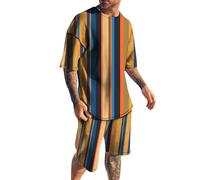 XBlave Abito estivo da uomo, 2 pezzi, in cotone a maniche corte, a righe, a quadretti, pigiama largo, moda basic, due pezzi, giallo, XL