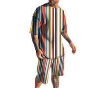 XBlave Tuta estiva da uomo, 2 pezzi, in cotone, a maniche corte, a righe, a quadri, pigiama largo, alla moda, in due pezzi, beige., XXL