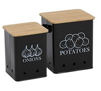 Xbopetda Confezione da 2 contenitori da cucina, per patate e cipolle, con coperchio in legno e fori di aerazione, organizer da cucina in latta per conservare verdure fresche (nero)