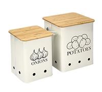 Xbopetda - Set di 2 contenitori da cucina in metallo con fori di ventilazione e coperchio in legno per patate e cipolle - bianco