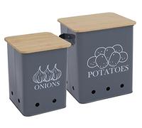 Xbopetda - Set di 2 contenitori da cucina, per conservare le patate, cipolle con fori di stoccaggio e coperchio in legno, per cucina, in latta, verdure fresche (grigio)